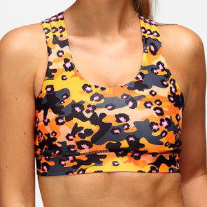 Orangefarbener Leoparden-Camouflage-BH mit überkreuztem Rücken